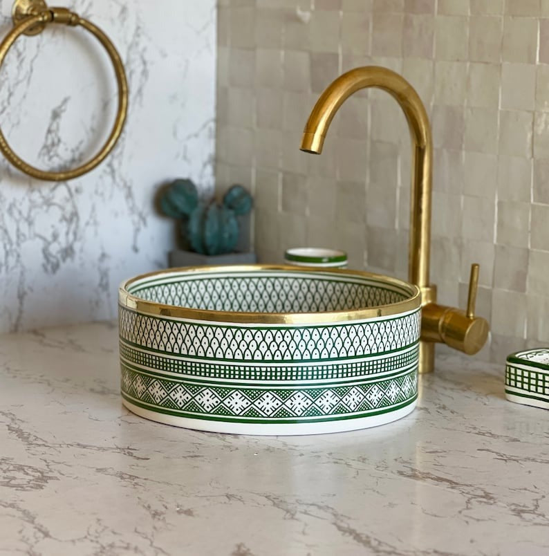 Handmade Moroccan Ceramic Sink Brass rim #99